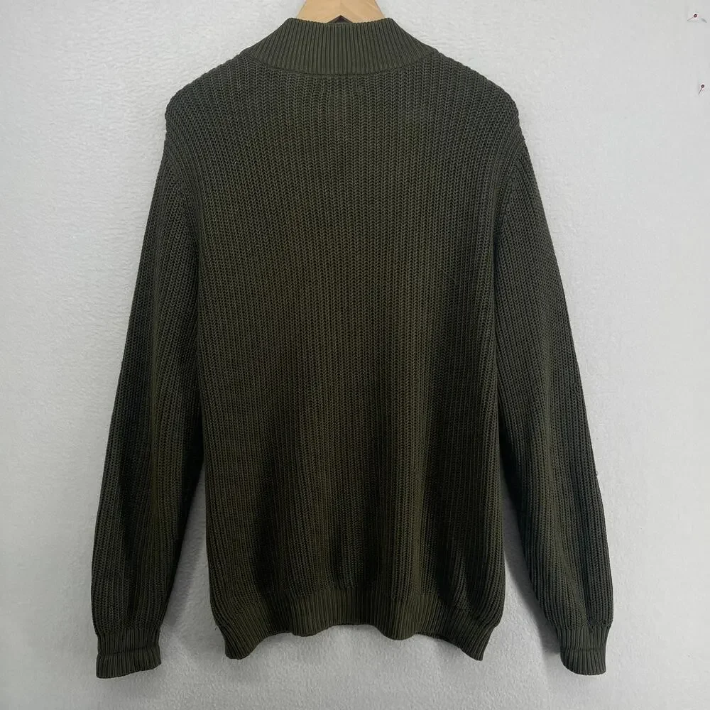 LL BEAN Sweater Mens L Henley Half Button Ribbed Pullover Heavy Cotton Green